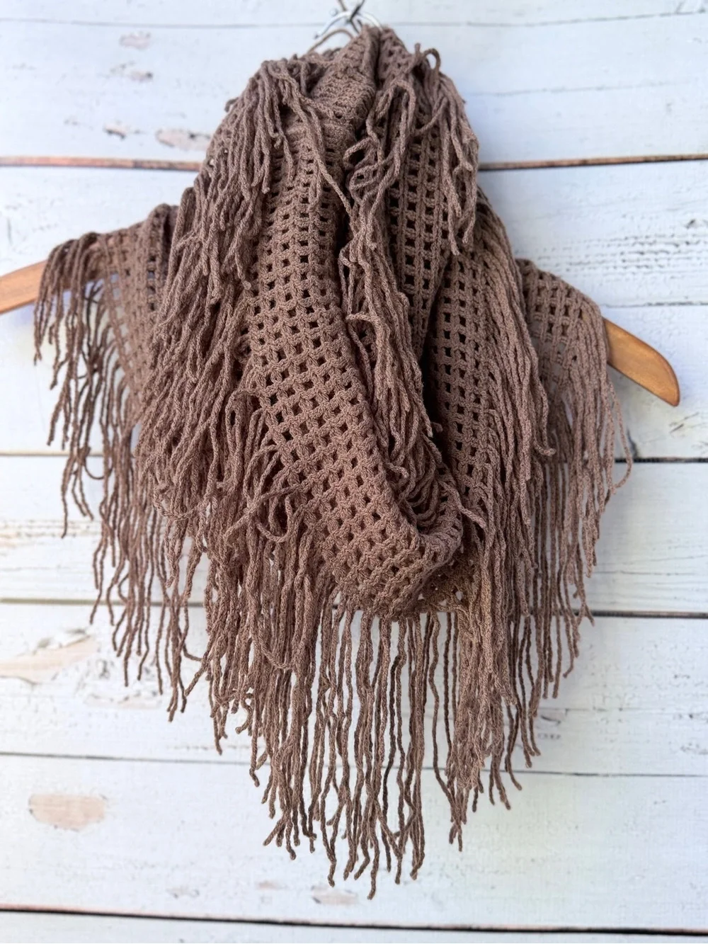 Fringed Open-Weave Brown Wrap Scarf
